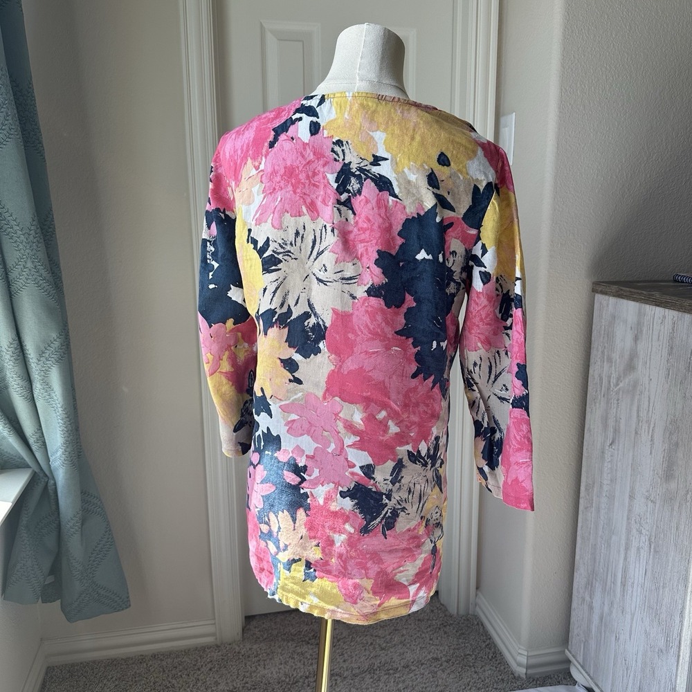 Charter Club Sz S Luxury Floral Linen Tunic Top Beaded V Neck Long Sleeve - Picture 2 of 7